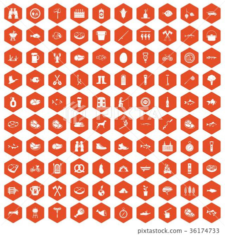 100 BBQ icons hexagon orange 100 BBQ icons hexagon orange 36174733