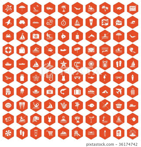 100 beach icons hexagon orange 100 beach icons hexagon orange 36174742