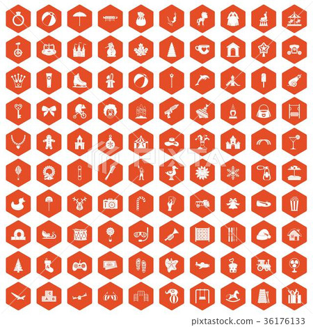 100 happy childhood icons hexagon orange 36176133