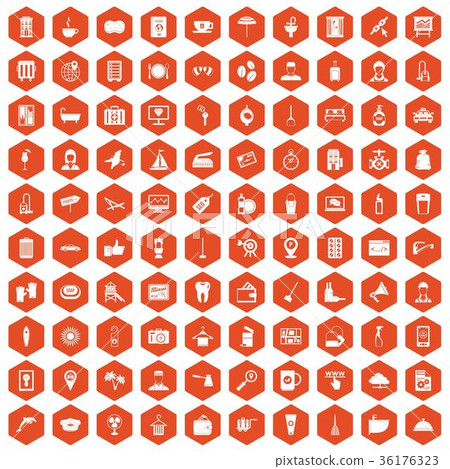 100 hotel services icons hexagon orange 36176323