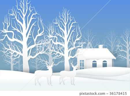 Paper art of Deer and dry tree with cottage Paper art of Deer and dry tree with cottage 36178415