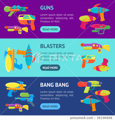 Cartoon Toy Water Guns Banner Horizontal Set Stock Illustration