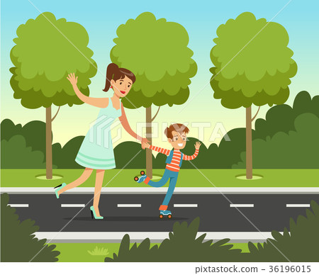 Smiling mother with her son roller skating in Smiling mother with her son roller skating in 36196015