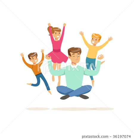 Meditating father in lotus pose and joyful kids Meditating father in lotus pose and joyful kids 36197074