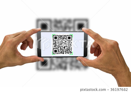 Hands holding smartphone scanning QR code Hands holding smartphone scanning QR code 36197682