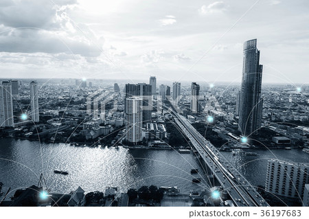 Black and white smart city with network connection Black and white smart city with network connection 36197683