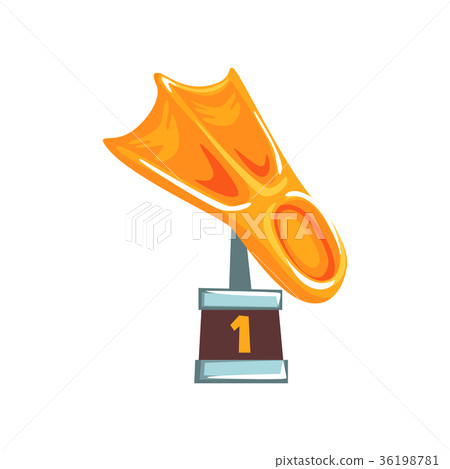 Cartoon golden trophy in form of fin on brown base 36198781