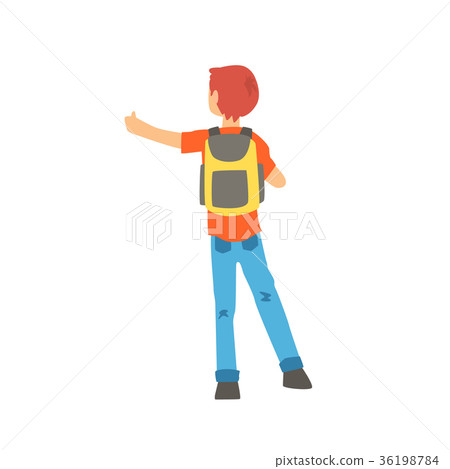 Young male hitchhiker traveling with backpack, man Young male hitchhiker traveling with backpack, man 36198784