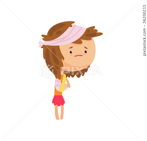 Unhappy girl with bandaged head suffering from Unhappy girl with bandaged head suffering from 36200215