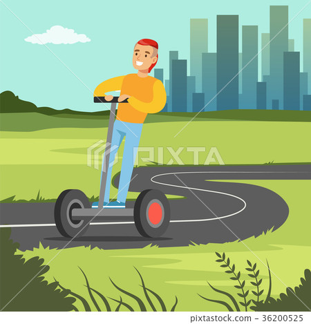 Young smiling man riding on segway scooter on city 36200525