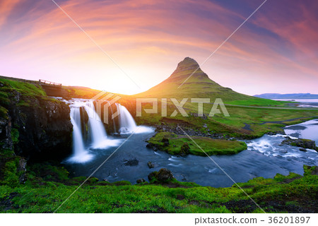 Colorful sunrise on Kirkjufellsfoss waterfall 36201897