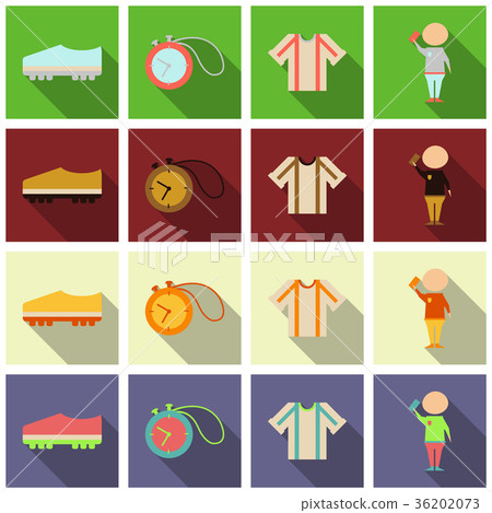Set of football icons and equipments in flat style Set of football icons and equipments in flat style 36202073