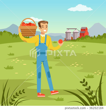 Farmers man holding basket with fresh harvest of - Stock Illustration ...
