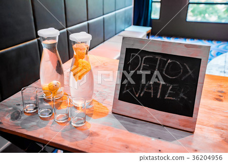 Restaurant table with detox water on it Restaurant table with detox water on it 36204956