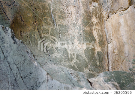 Ancient petroglyphs rock carvings on stones. Altai Ancient petroglyphs rock carvings on stones. Altai 36205596