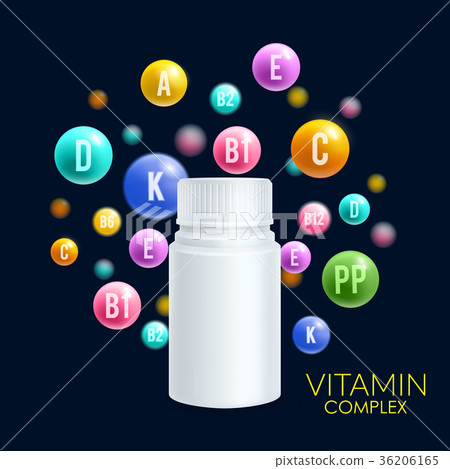 Vitamin complex vector 3D plastic bottle pills Vitamin complex vector 3D plastic bottle pills 36206165