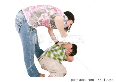 Woman hitting a son who cringes, isolated  36210968