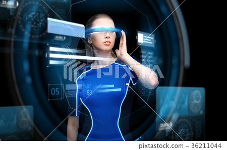 woman in virtual reality 3d glasses with charts woman in virtual reality 3d glasses with charts 36211044