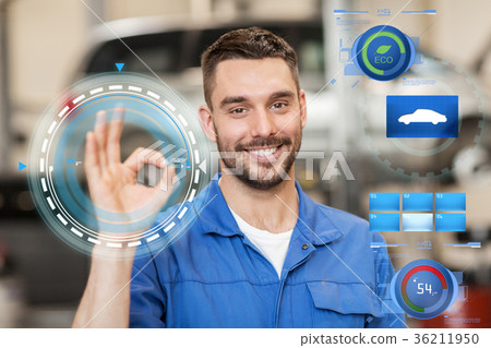auto mechanic or smith showing ok at car workshop auto mechanic or smith showing ok at car workshop 36211950