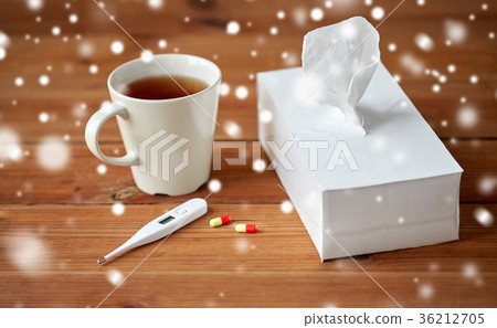 cup of tea, paper wipes and thermometer with pills 36212705
