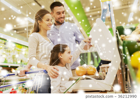 family weighing oranges on scale at grocery store family weighing oranges on scale at grocery store 36212990