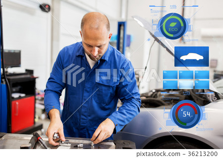 mechanic man with wrench repairing car at workshop mechanic man with wrench repairing car at workshop 36213200