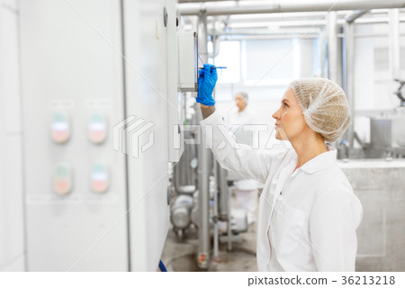 woman programming computer at ice cream factory 36213218