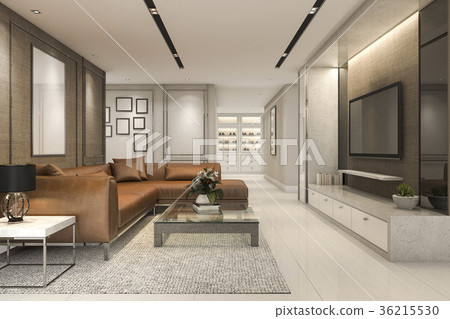 luxury and modern living room with leather sofa - Stock Illustration ...