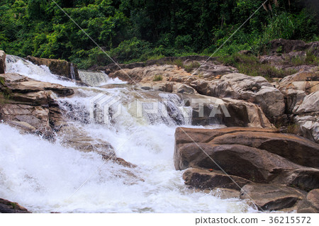 Closeup Foamy Waterfall in Stones by Trees Closeup Foamy Waterfall in Stones by Trees 36215572