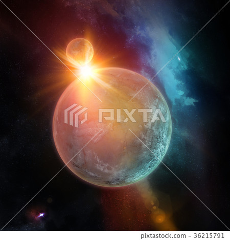 planets with sun at behind, stars and galaxies  36215791