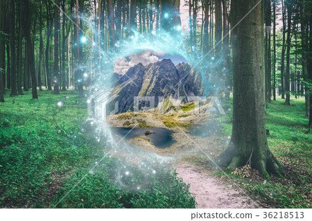Magical portal between green forest and mountains Magical portal between green forest and mountains 36218513