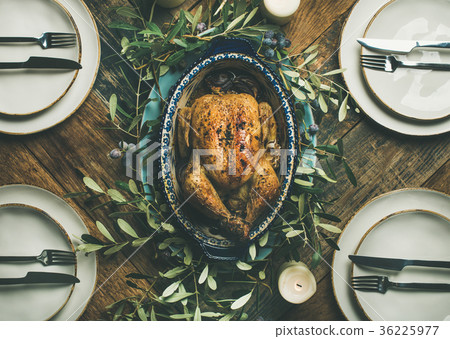 Flat-lay of whole roasted chicken for Christmas 36225977