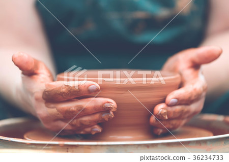Potter making ceramic pot on the pottery wheel 36234733