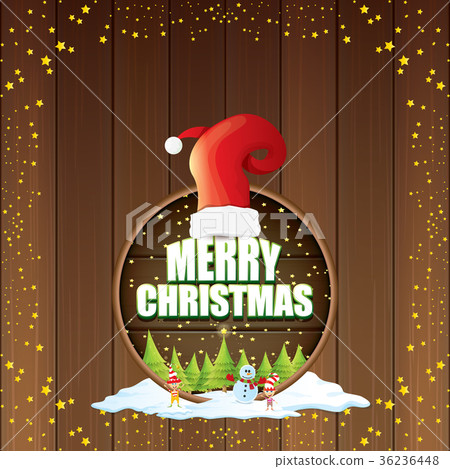 vector Christmas label with red santa hat, tree 36236448