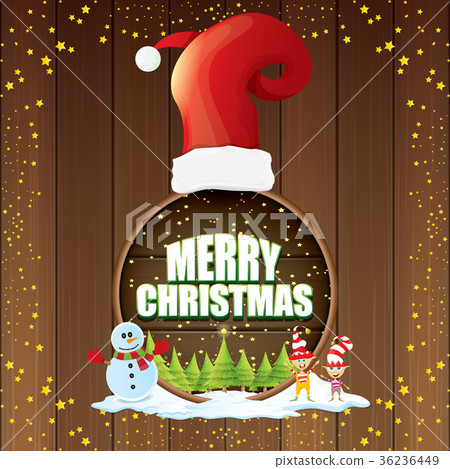 vector Christmas label with red santa hat, tree 36236449