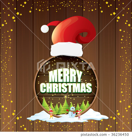 vector Christmas label with red santa hat, tree 36236450