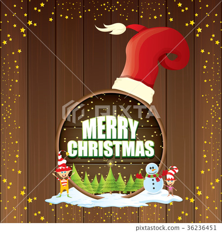 vector Christmas label with red santa hat, tree 36236451