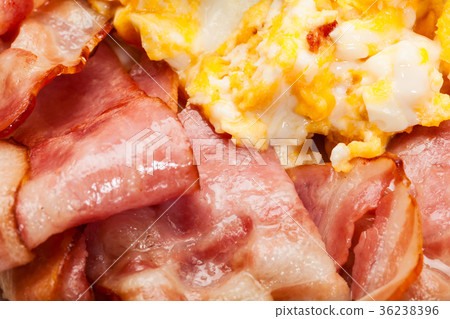 Closeup of scrambled eggs with bacon Closeup of scrambled eggs with bacon 36238396