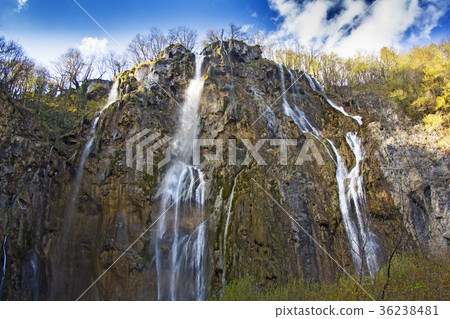 Plitvice Lakes with a big waterfall  36238481