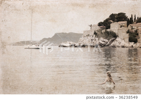 Sea, little girl, ship, island with old buildings Sea, little girl, ship, island with old buildings 36238549