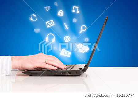 laptop business man hand touch pad, technology social connection laptop business man hand touch pad, technology social connection 36239774