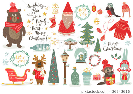 Hand drawn Christmas set in cartoon style. Funny 36243616