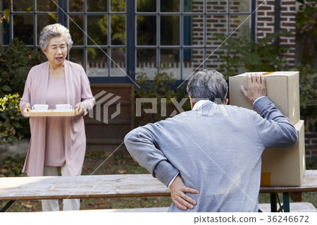 Family, old couple, husband, wife, box, waist, backache 36246672