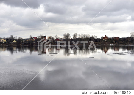 View of river at cloud winter day. View of river at cloud winter day. 36248840