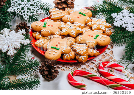 Christmas gingerbread cookies homemade on plate 36250199