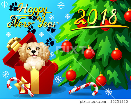 Card Cocker Spaniel in a gift box and fir 36251320