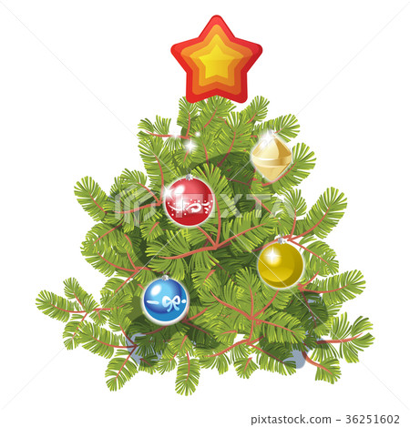Fir tree decorated with toy balls and star. - Stock Illustration ...