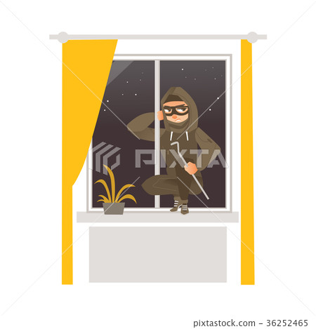 Thief in mask breaking into house through window Thief in mask breaking into house through window 36252465