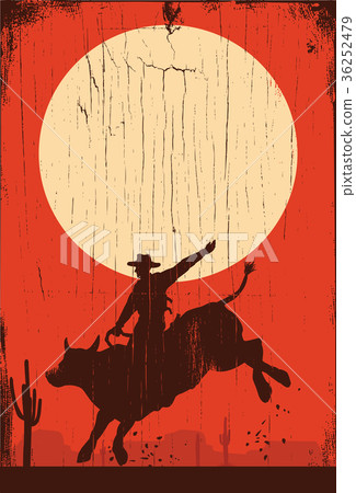 Rodeo cowboy riding bull on a wooden sign 36252479