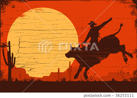 Silhouette of a cowboy riding bull at sunset Silhouette of a cowboy riding bull at sunset 36253111